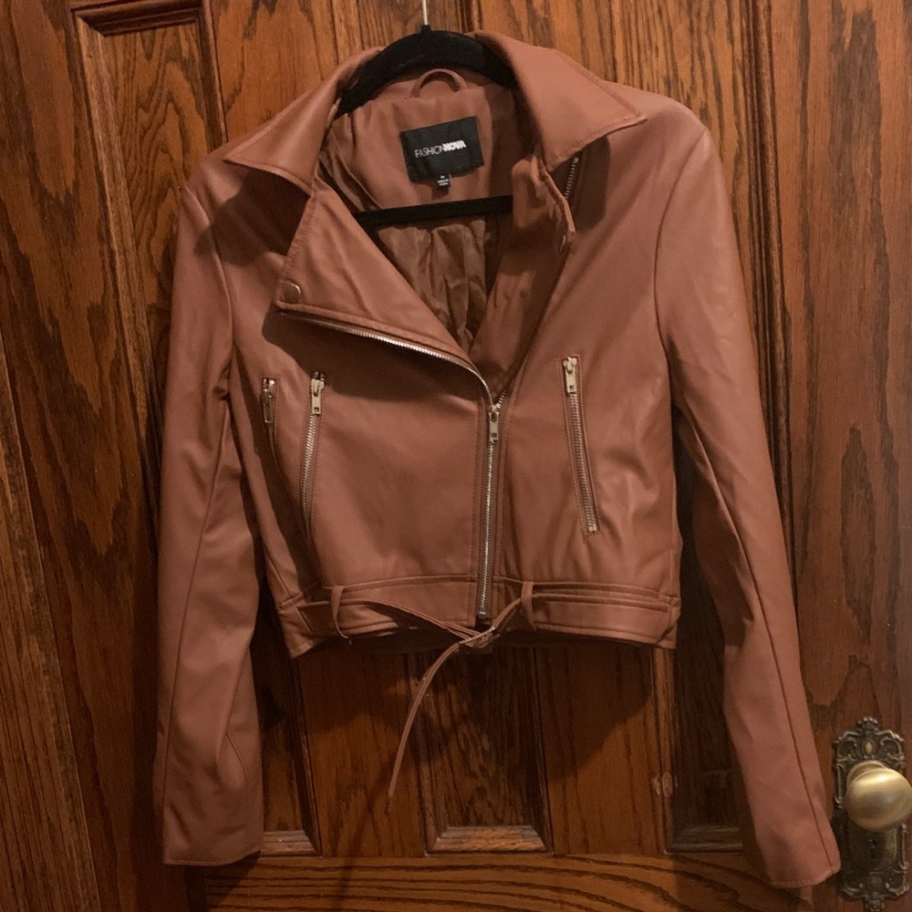 Fashion Nova Tan Leather Jacket with Belted Waist - Picture 3 of 4